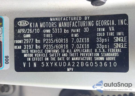 2011 Kia Sorento Ex V6 z USA, uszkodzony, nr VIN 5XYKUDA22BG053610